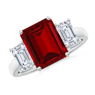 10x8mm Labgrown Lab-Grown Emerald-Cut Ruby and Lab Diamond Three Stone Ring in P950 Platinum