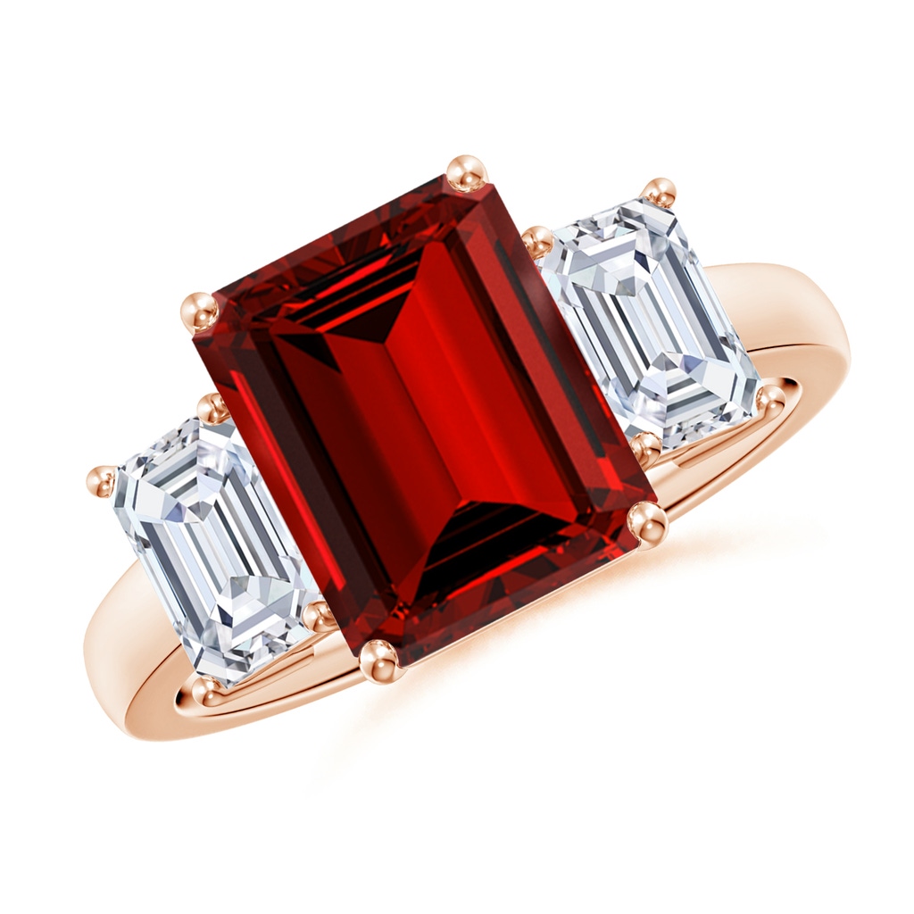 10x8mm Labgrown Lab-Grown Emerald-Cut Ruby and Lab Diamond Three Stone Ring in Rose Gold