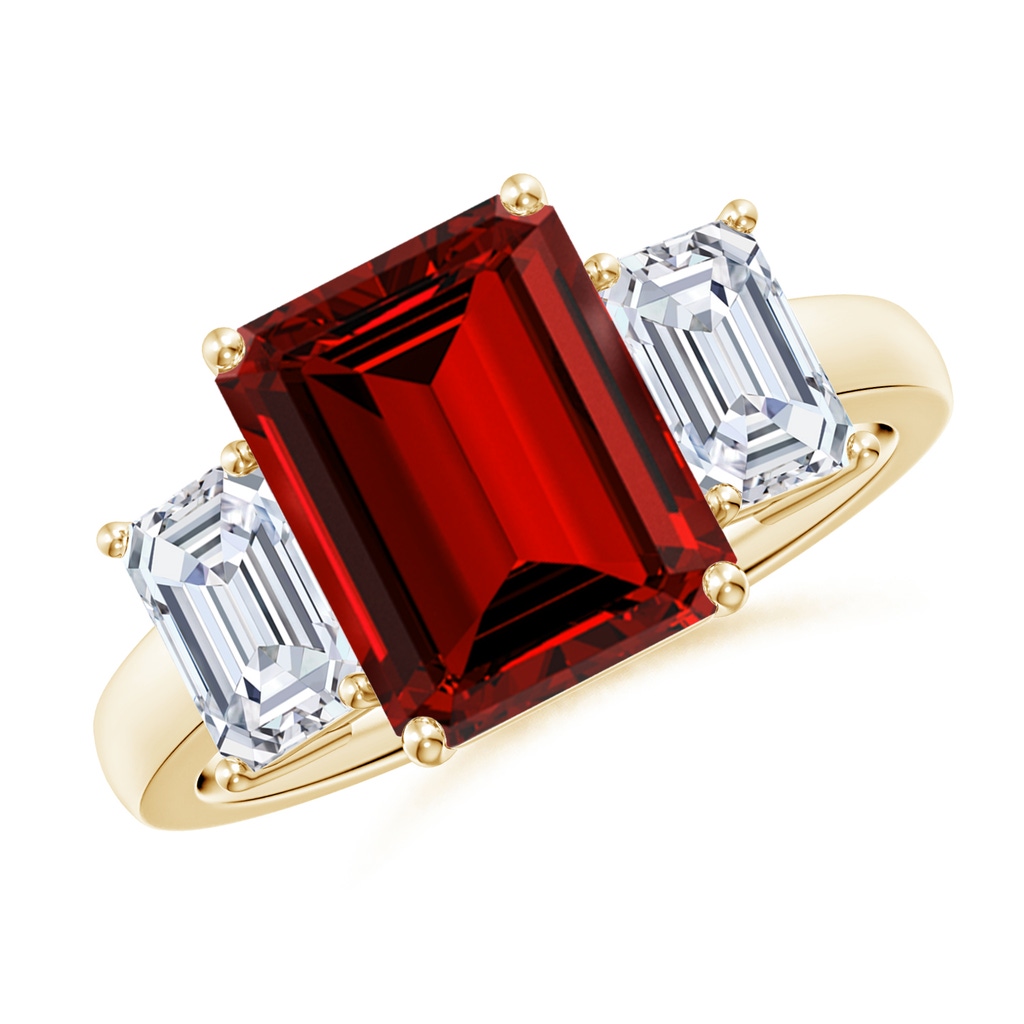 10x8mm Labgrown Lab-Grown Emerald-Cut Ruby and Lab Diamond Three Stone Ring in Yellow Gold
