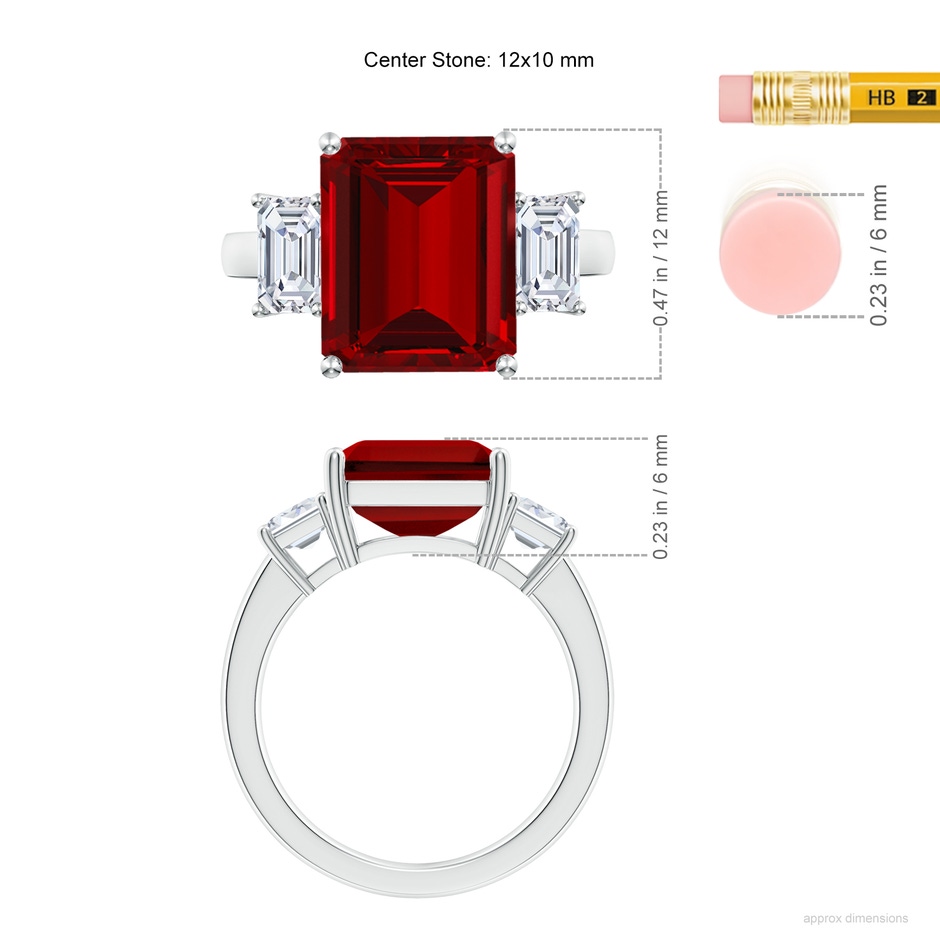 12x10mm Labgrown Lab-Grown Emerald-Cut Ruby and Lab Diamond Three Stone Ring in P950 Platinum ruler