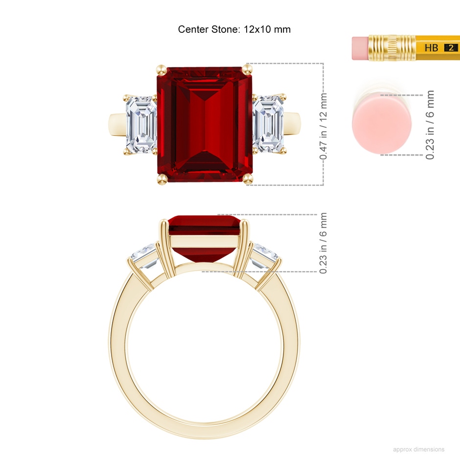 12x10mm Labgrown Lab-Grown Emerald-Cut Ruby and Lab Diamond Three Stone Ring in Yellow Gold ruler