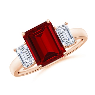 9x7mm Labgrown Lab-Grown Emerald-Cut Ruby and Lab Diamond Three Stone Ring in 9K Rose Gold