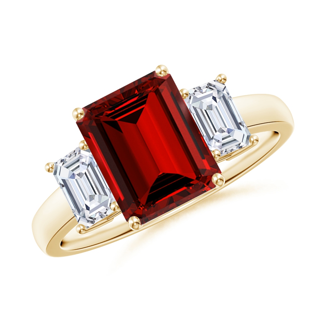 9x7mm Labgrown Lab-Grown Emerald-Cut Ruby and Lab Diamond Three Stone Ring in Yellow Gold
