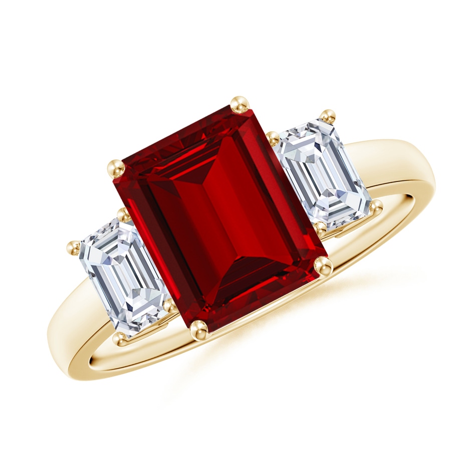 9x7mm Labgrown Lab-Grown Emerald-Cut Ruby and Lab Diamond Three Stone Ring in Yellow Gold 