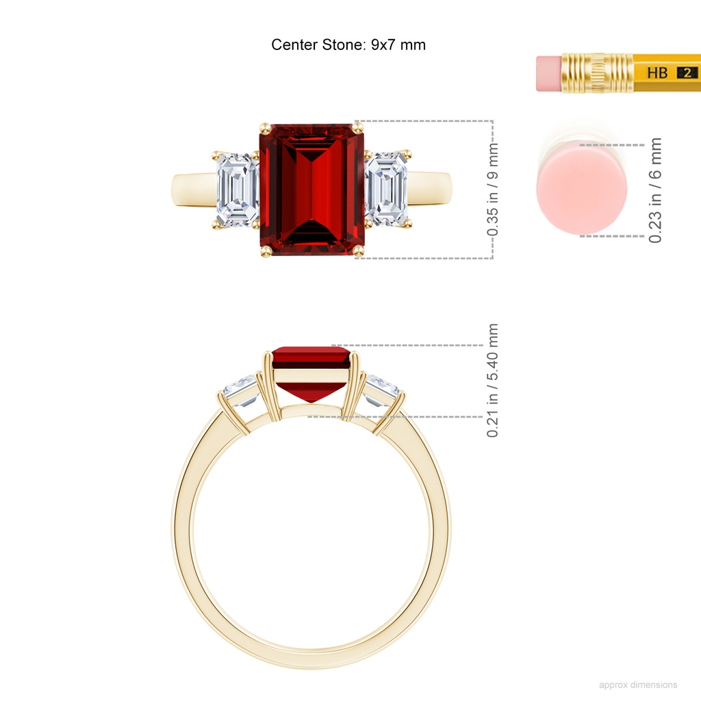 9x7mm Labgrown Lab-Grown Emerald-Cut Ruby and Lab Diamond Three Stone Ring in Yellow Gold ruler