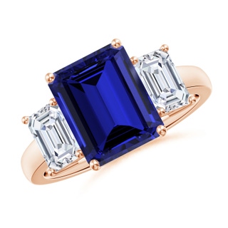 10x8mm Labgrown Lab-Grown Emerald-Cut Blue Sapphire and Lab Diamond Three Stone Ring in Rose Gold