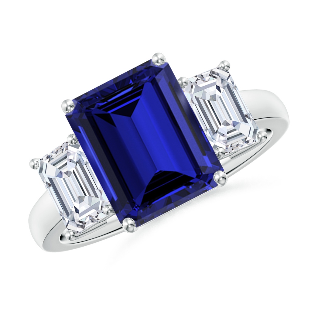 10x8mm Labgrown Lab-Grown Emerald-Cut Blue Sapphire and Lab Diamond Three Stone Ring in S999 Silver