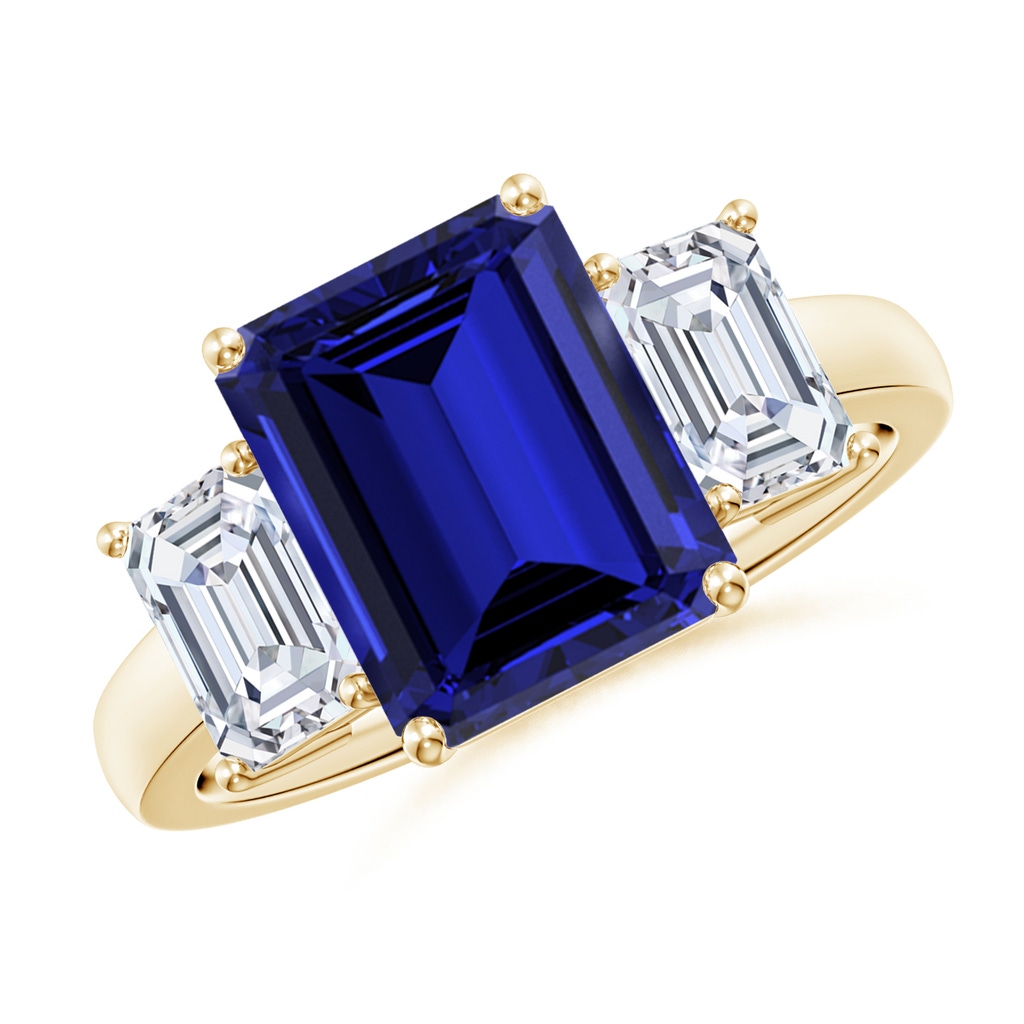 10x8mm Labgrown Lab-Grown Emerald-Cut Blue Sapphire and Lab Diamond Three Stone Ring in Yellow Gold