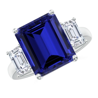 12x10mm Labgrown Lab-Grown Emerald-Cut Blue Sapphire and Lab Diamond Three Stone Ring in P950 Platinum