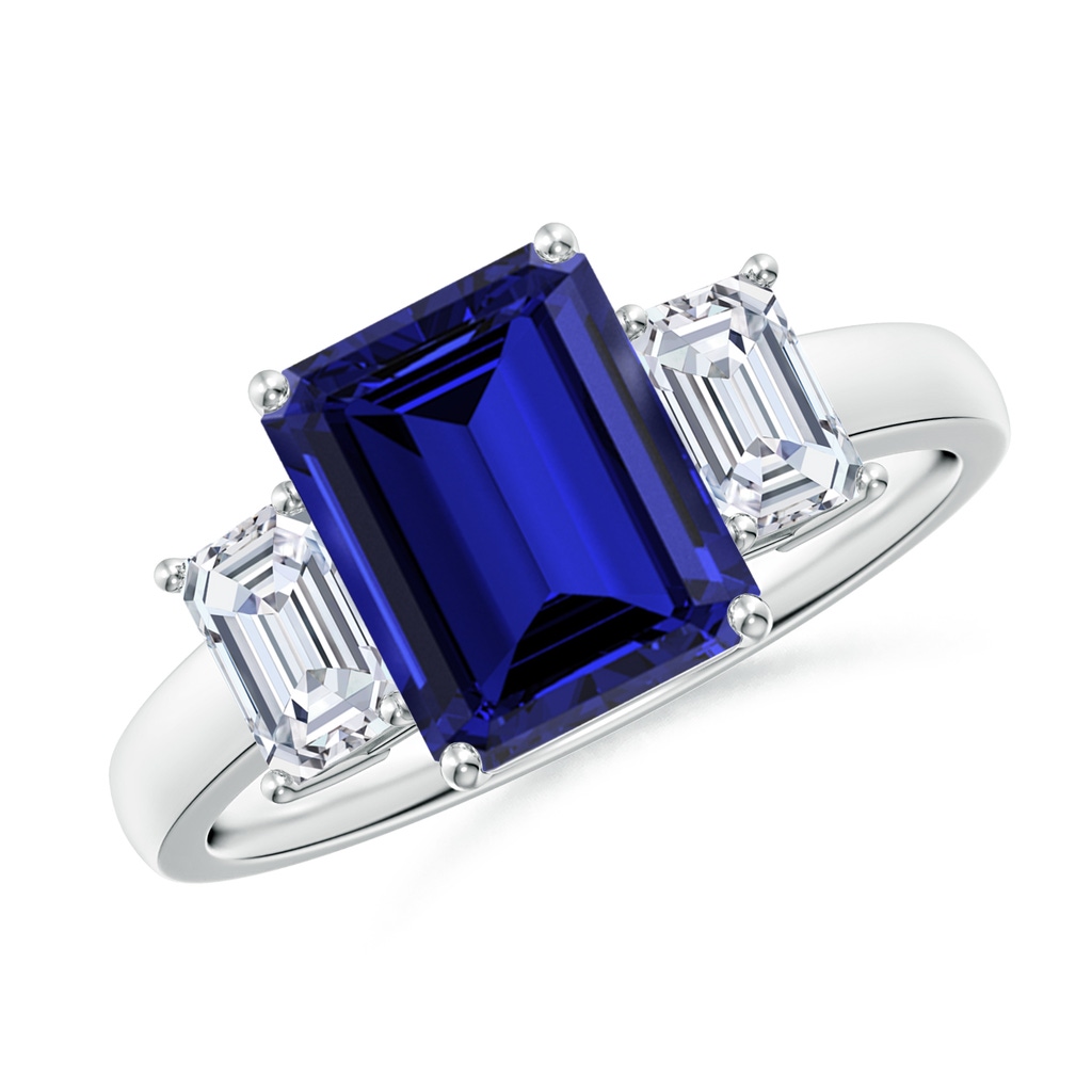 9x7mm Labgrown Lab-Grown Emerald-Cut Blue Sapphire and Lab Diamond Three Stone Ring in White Gold