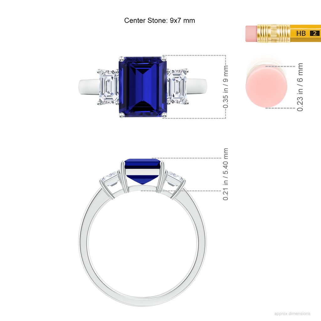 9x7mm Labgrown Lab-Grown Emerald-Cut Blue Sapphire and Lab Diamond Three Stone Ring in White Gold ruler
