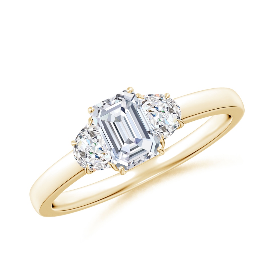 6x4mm FGVS Lab-Grown Emerald-Cut and Half Moon Diamond Three Stone Ring in Yellow Gold 