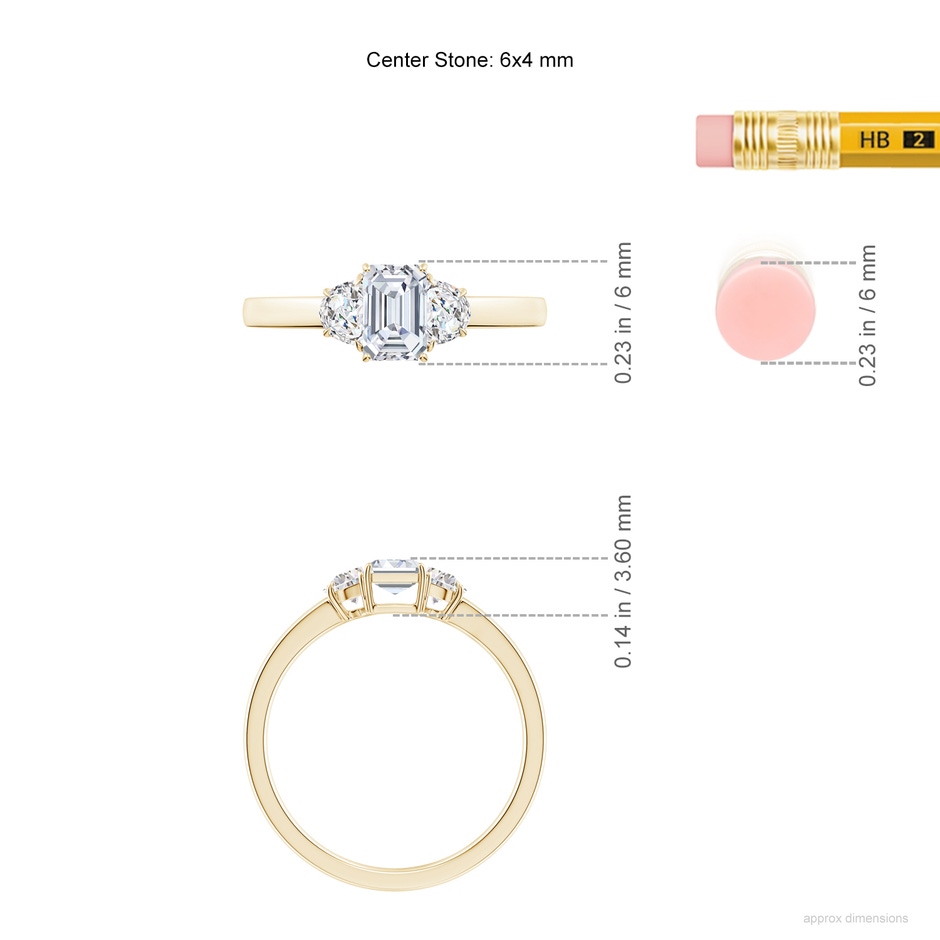 6x4mm FGVS Lab-Grown Emerald-Cut and Half Moon Diamond Three Stone Ring in Yellow Gold ruler