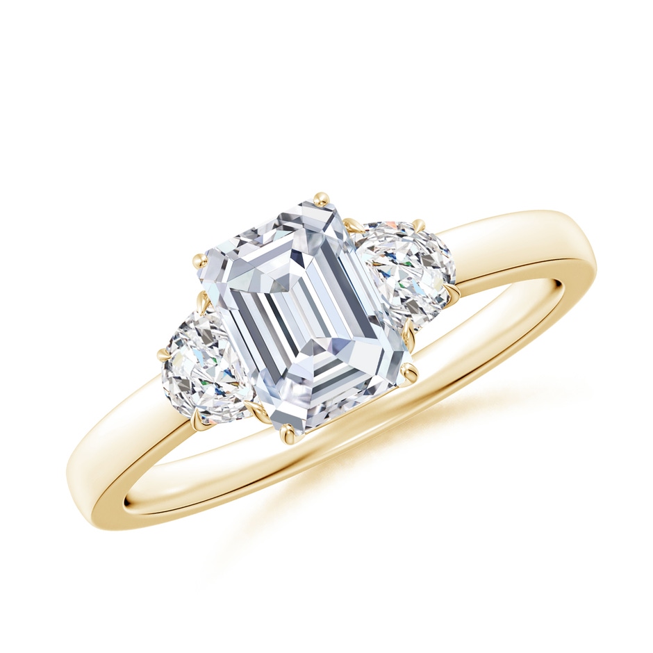 7x5mm FGVS Lab-Grown Emerald-Cut and Half Moon Diamond Three Stone Ring in Yellow Gold 