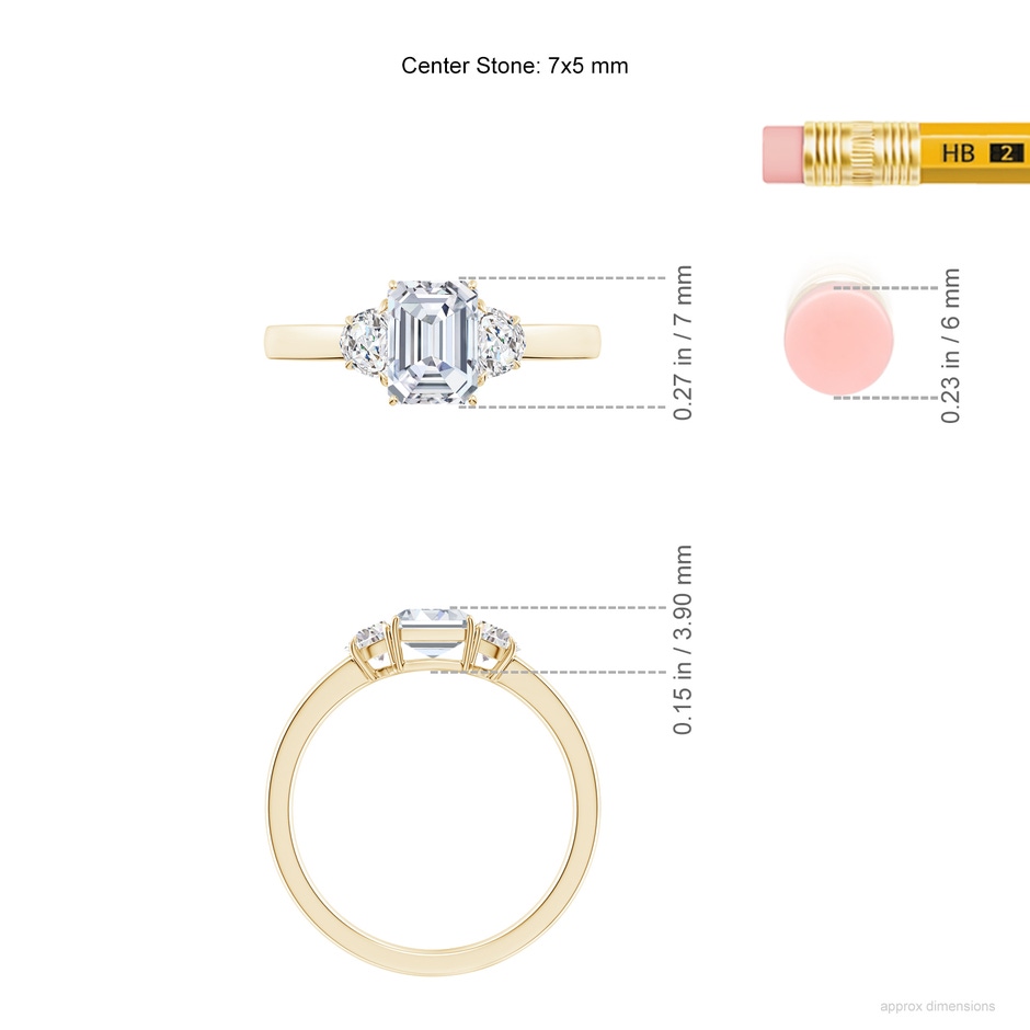 7x5mm FGVS Lab-Grown Emerald-Cut and Half Moon Diamond Three Stone Ring in Yellow Gold ruler