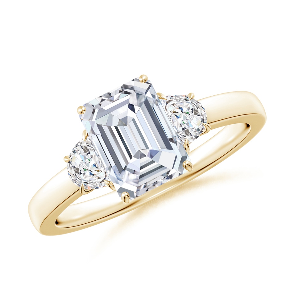 8x6mm FGVS Lab-Grown Emerald-Cut and Half Moon Diamond Three Stone Ring in Yellow Gold 