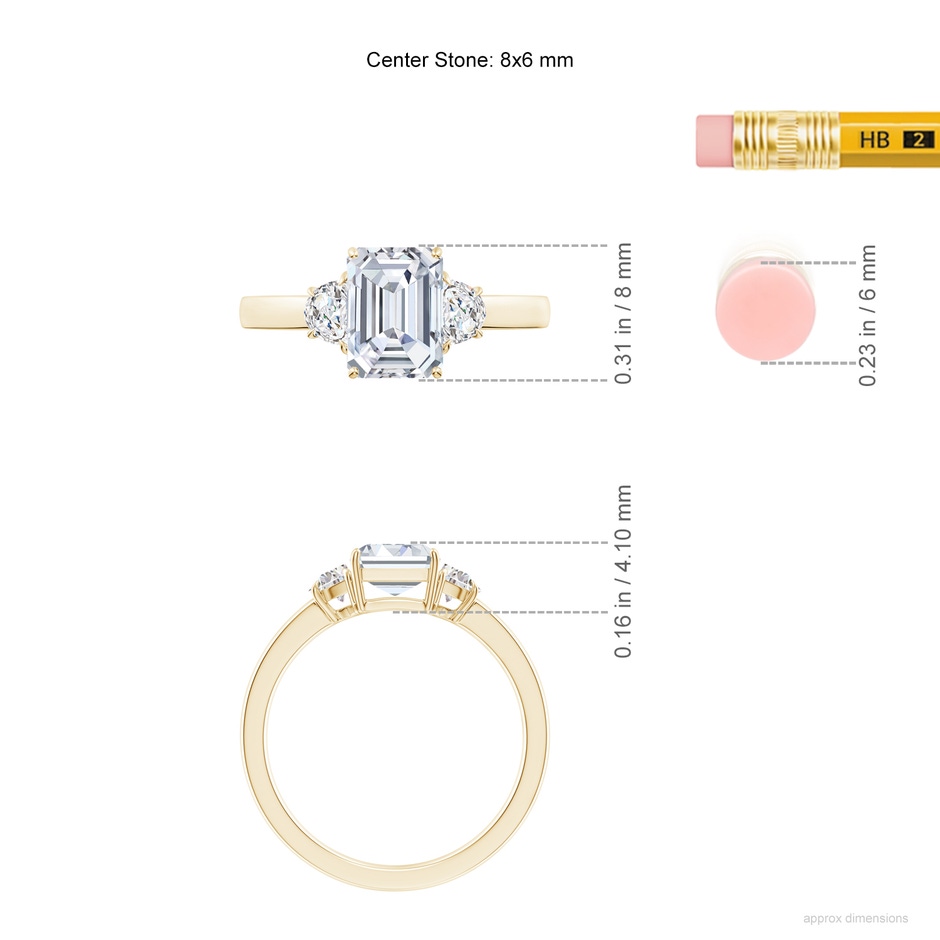 8x6mm FGVS Lab-Grown Emerald-Cut and Half Moon Diamond Three Stone Ring in Yellow Gold ruler