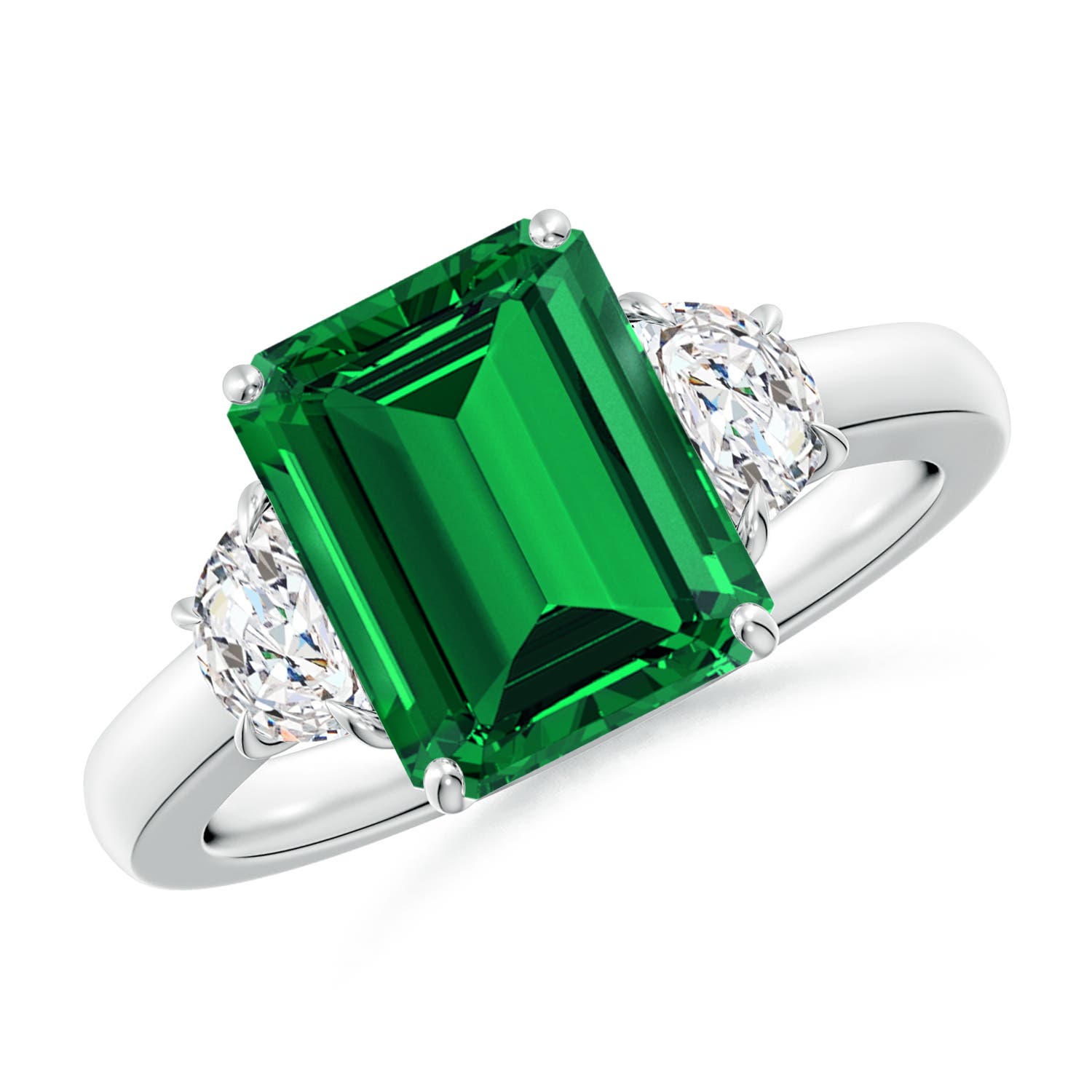 10x8mm Labgrown Lab-Grown Emerald-Cut Emerald and Half Moon Lab Diamond Three Stone Ring in 18K White Gold