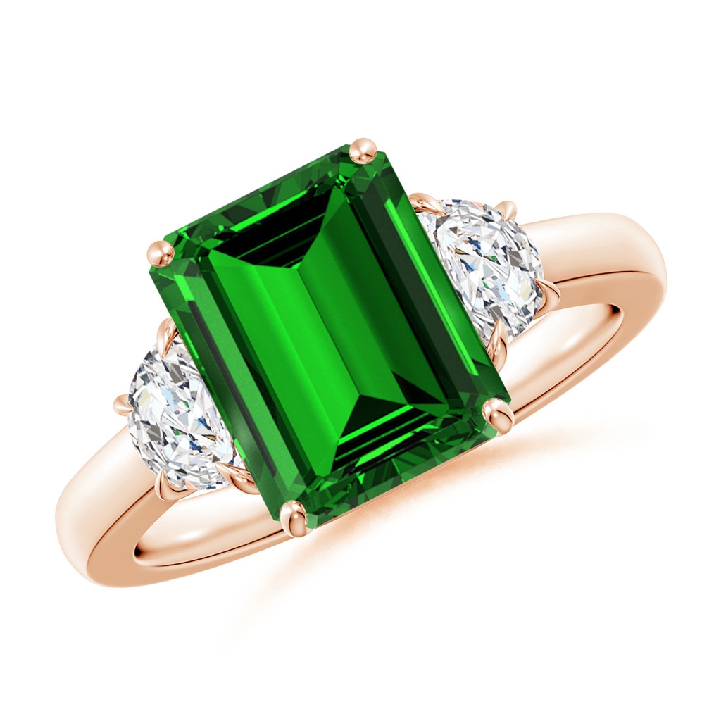 10x8mm Labgrown Lab-Grown Emerald-Cut Emerald and Half Moon Lab Diamond Three Stone Ring in Rose Gold