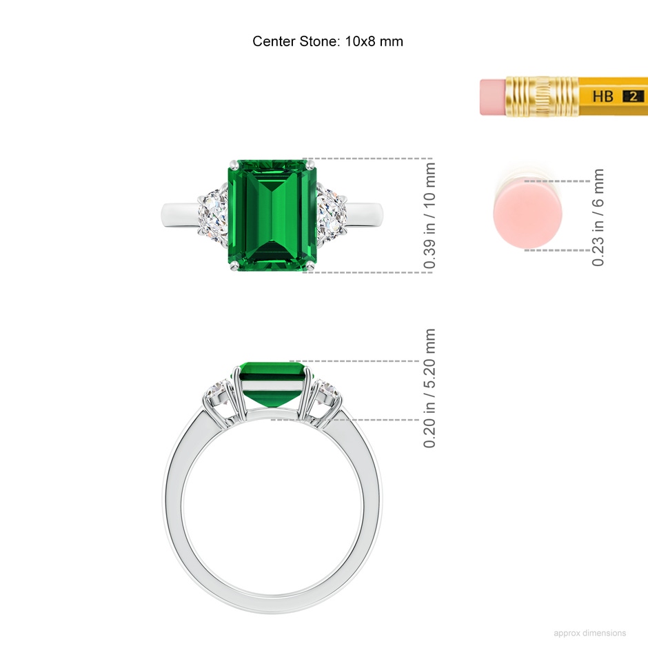 10x8mm Labgrown Lab-Grown Emerald-Cut Emerald and Half Moon Lab Diamond Three Stone Ring in S999 Silver ruler