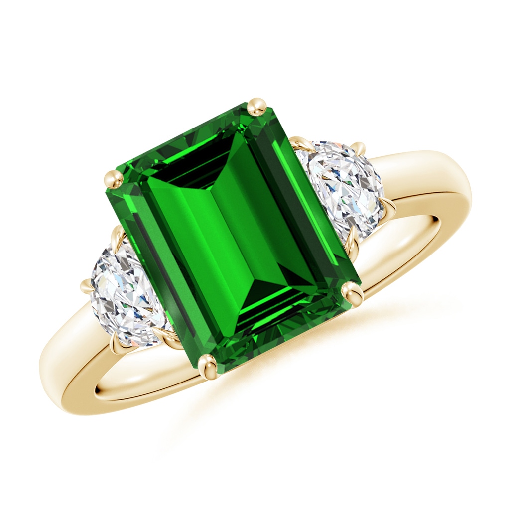10x8mm Labgrown Lab-Grown Emerald-Cut Emerald and Half Moon Lab Diamond Three Stone Ring in Yellow Gold