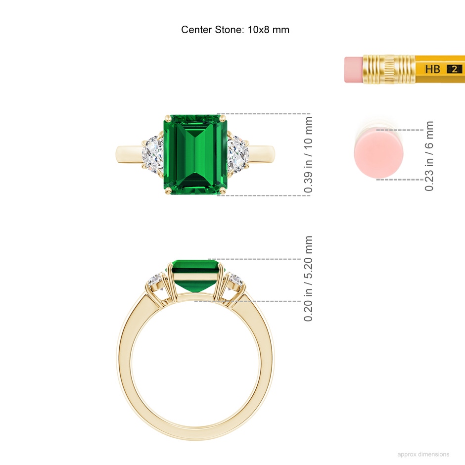 10x8mm Labgrown Lab-Grown Emerald-Cut Emerald and Half Moon Lab Diamond Three Stone Ring in Yellow Gold ruler