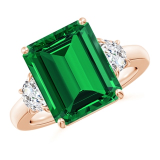 12x10mm Labgrown Lab-Grown Emerald-Cut Emerald and Half Moon Lab Diamond Three Stone Ring in 18K Rose Gold