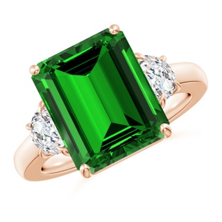 12x10mm Labgrown Lab-Grown Emerald-Cut Emerald and Half Moon Lab Diamond Three Stone Ring in Rose Gold