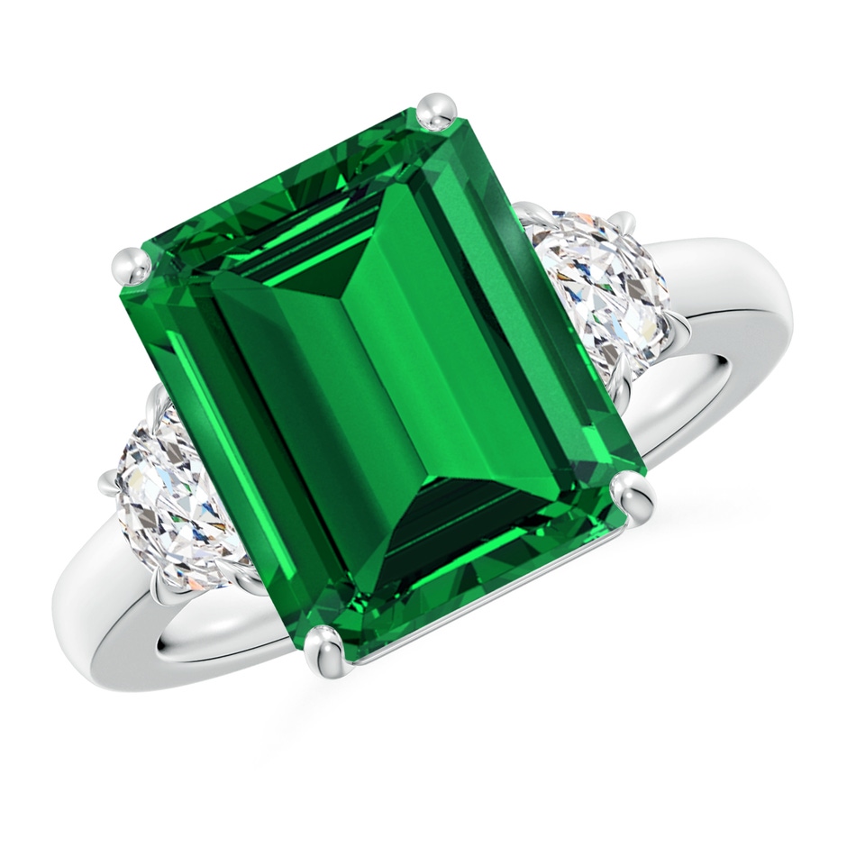 12x10mm Labgrown Lab-Grown Emerald-Cut Emerald and Half Moon Lab Diamond Three Stone Ring in S999 Silver 