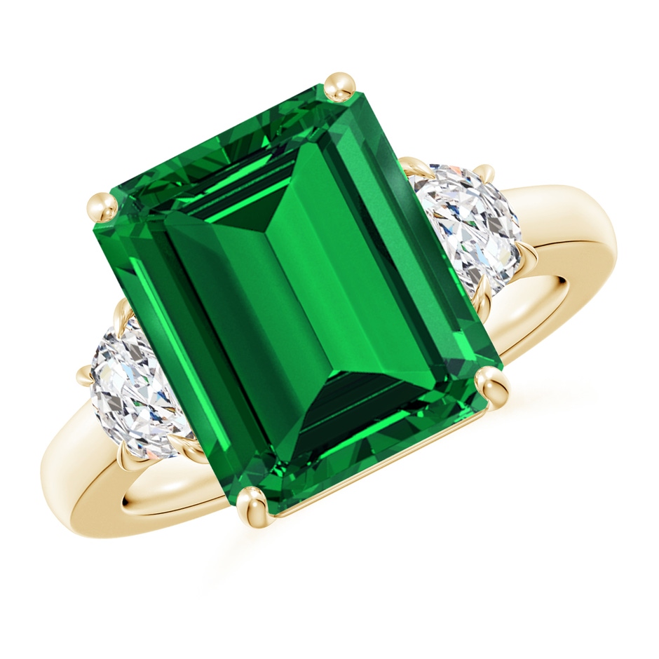 12x10mm Labgrown Lab-Grown Emerald-Cut Emerald and Half Moon Lab Diamond Three Stone Ring in Yellow Gold 