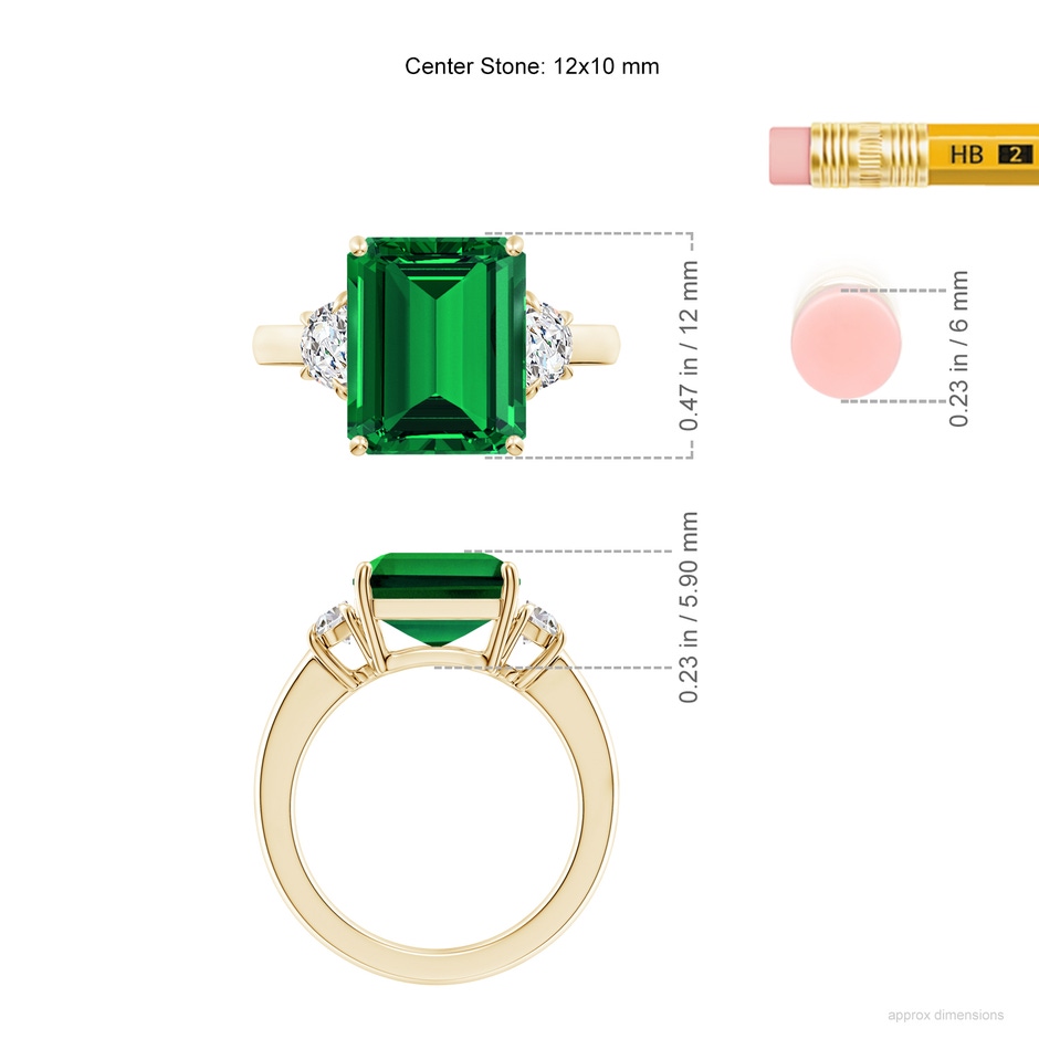 12x10mm Labgrown Lab-Grown Emerald-Cut Emerald and Half Moon Lab Diamond Three Stone Ring in Yellow Gold ruler
