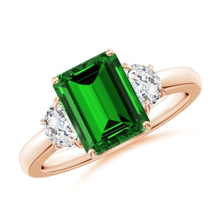 9x7mm Labgrown Lab-Grown Emerald-Cut Emerald and Half Moon Lab Diamond Three Stone Ring in 10K Rose Gold