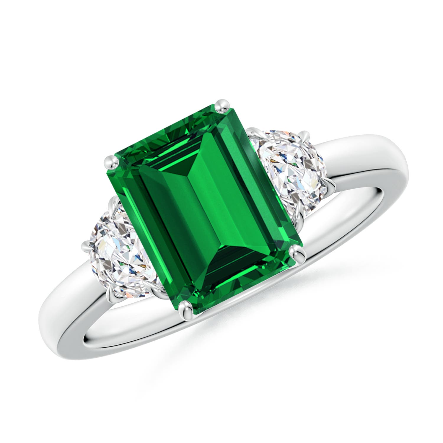 9x7mm Labgrown Lab-Grown Emerald-Cut Emerald and Half Moon Lab Diamond Three Stone Ring in 18K White Gold