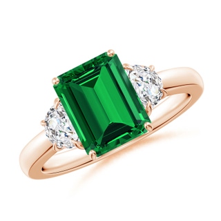 9x7mm Labgrown Lab-Grown Emerald-Cut Emerald and Half Moon Lab Diamond Three Stone Ring in 9K Rose Gold