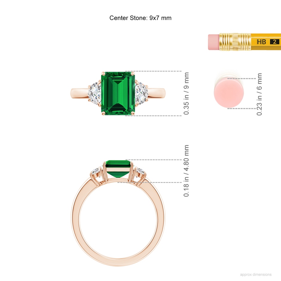 9x7mm Labgrown Lab-Grown Emerald-Cut Emerald and Half Moon Lab Diamond Three Stone Ring in 9K Rose Gold ruler