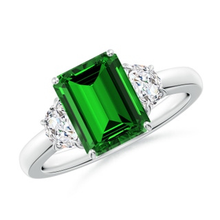 9x7mm Labgrown Lab-Grown Emerald-Cut Emerald and Half Moon Lab Diamond Three Stone Ring in P950 Platinum