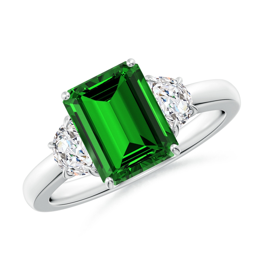9x7mm Labgrown Lab-Grown Emerald-Cut Emerald and Half Moon Lab Diamond Three Stone Ring in White Gold