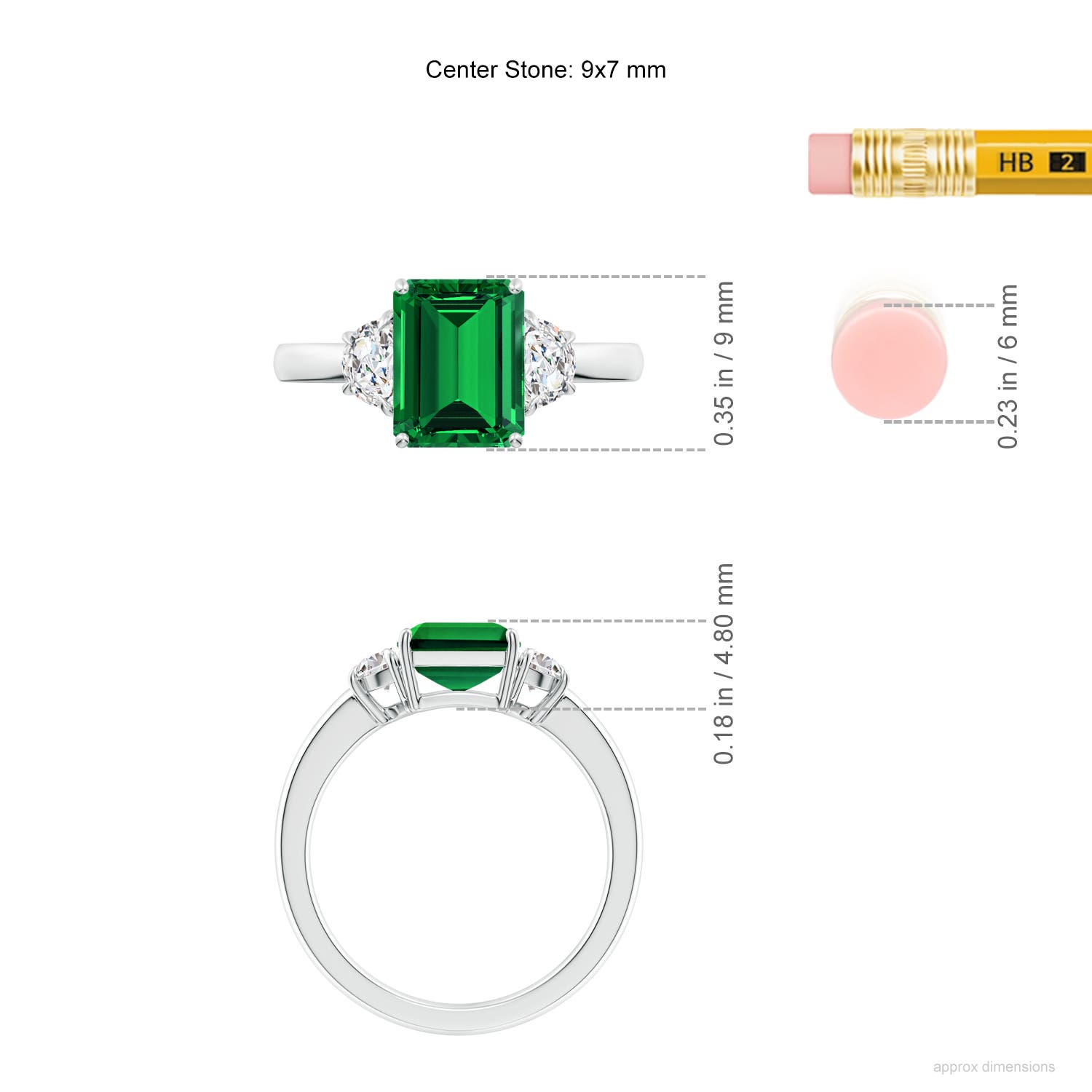 9x7mm Labgrown Lab-Grown Emerald-Cut Emerald and Half Moon Lab Diamond Three Stone Ring in White Gold - ruler