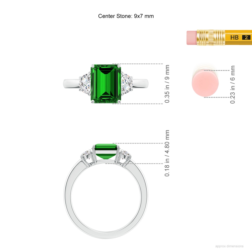 9x7mm Labgrown Lab-Grown Emerald-Cut Emerald and Half Moon Lab Diamond Three Stone Ring in White Gold ruler