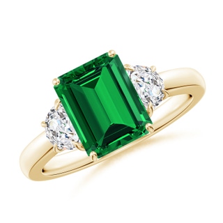 9x7mm Labgrown Lab-Grown Emerald-Cut Emerald and Half Moon Lab Diamond Three Stone Ring in Yellow Gold