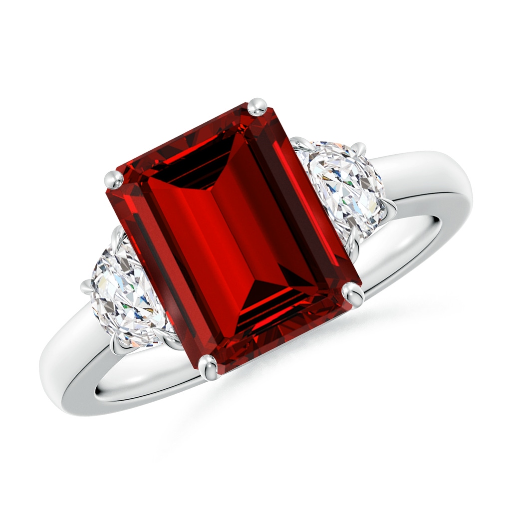 10x8mm Labgrown Lab-Grown Emerald-Cut Ruby and Half Moon Diamond Three Stone Ring in P950 Platinum