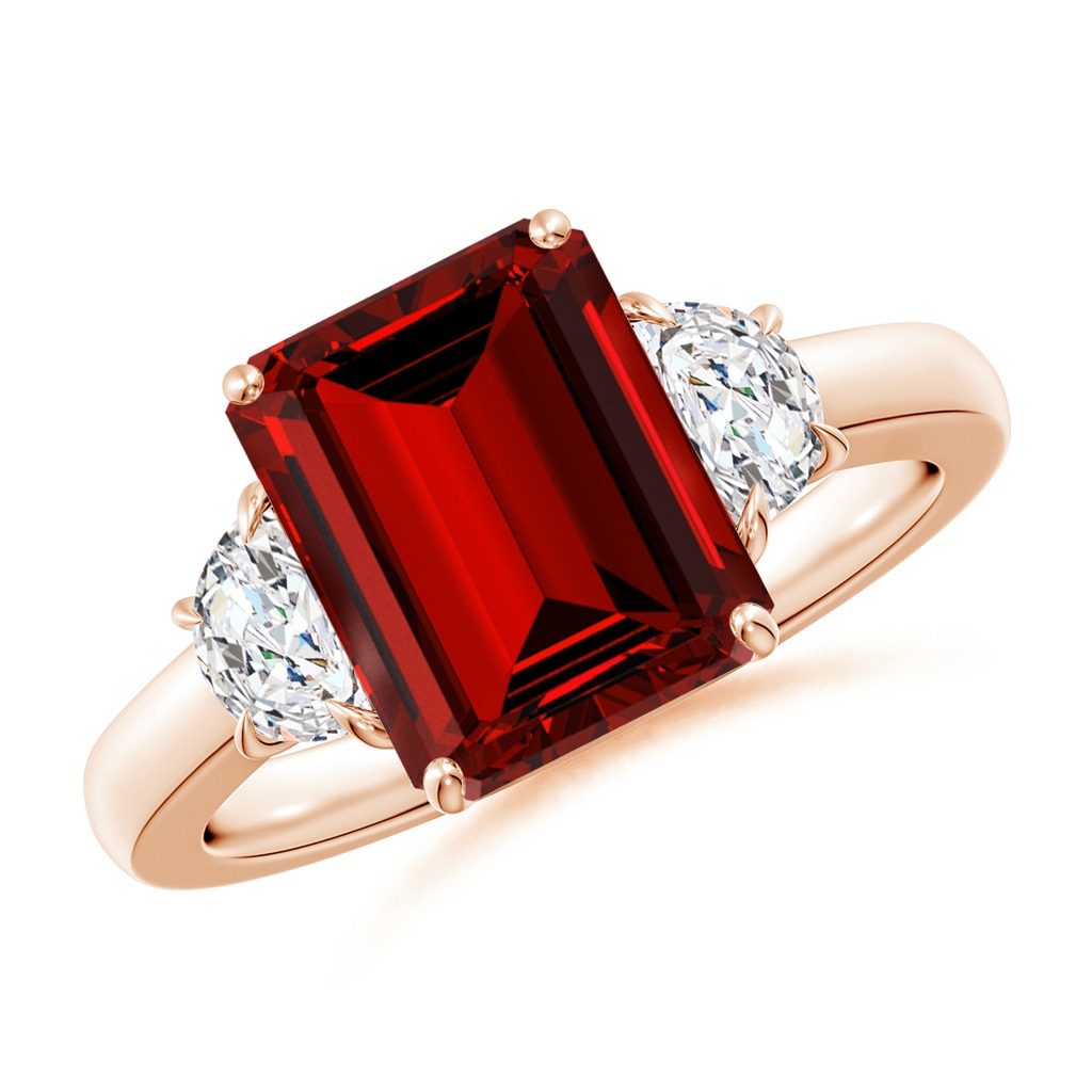 10x8mm Labgrown Lab-Grown Emerald-Cut Ruby and Half Moon Diamond Three Stone Ring in Rose Gold