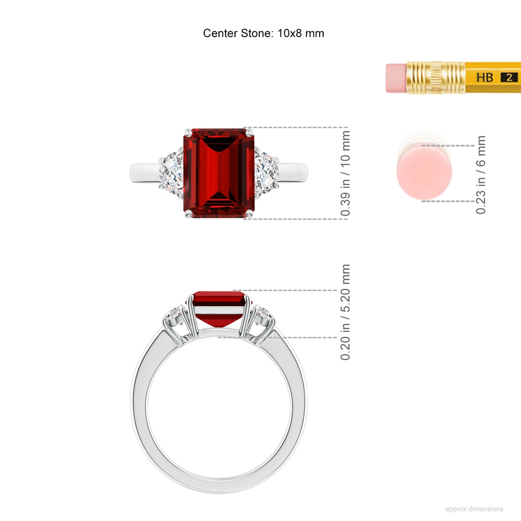 10x8mm Labgrown Lab-Grown Emerald-Cut Ruby and Half Moon Diamond Three Stone Ring in White Gold ruler