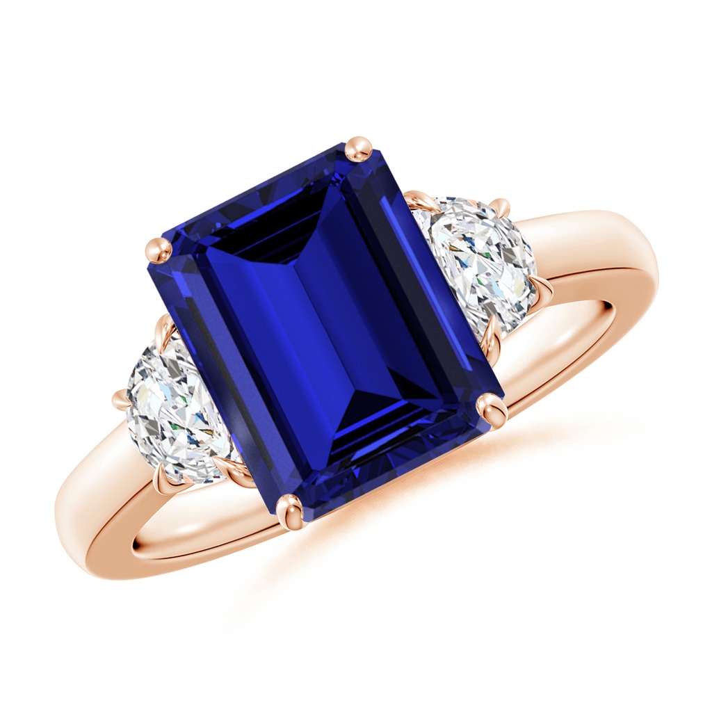 10x8mm Labgrown Lab-Grown Emerald-Cut Blue Sapphire and Half Moon Lab Diamond Three Stone Ring in Rose Gold