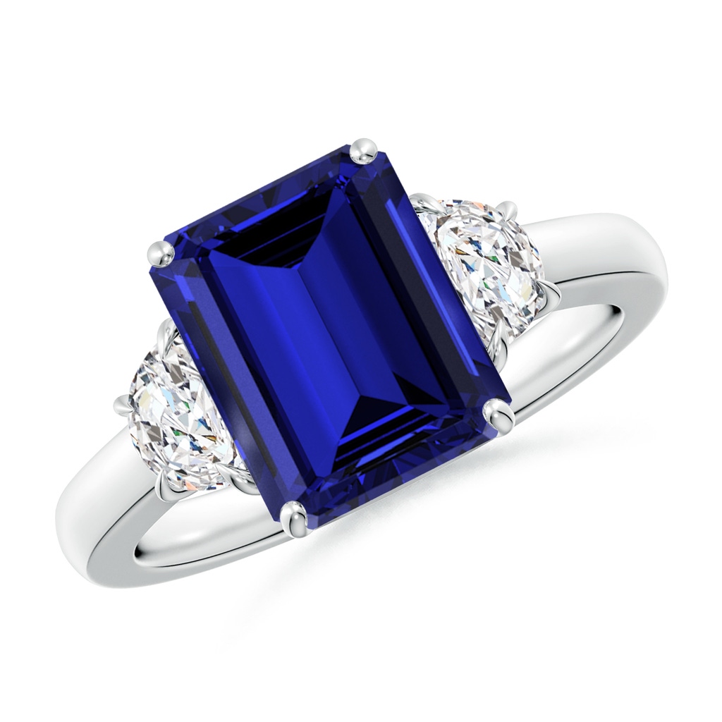 10x8mm Labgrown Lab-Grown Emerald-Cut Blue Sapphire and Half Moon Lab Diamond Three Stone Ring in White Gold
