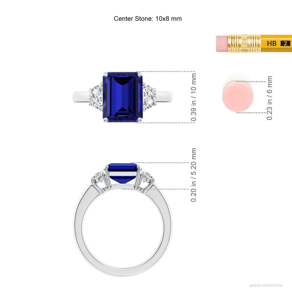 10x8mm Labgrown Lab-Grown Emerald-Cut Blue Sapphire and Half Moon Lab Diamond Three Stone Ring in White Gold ruler