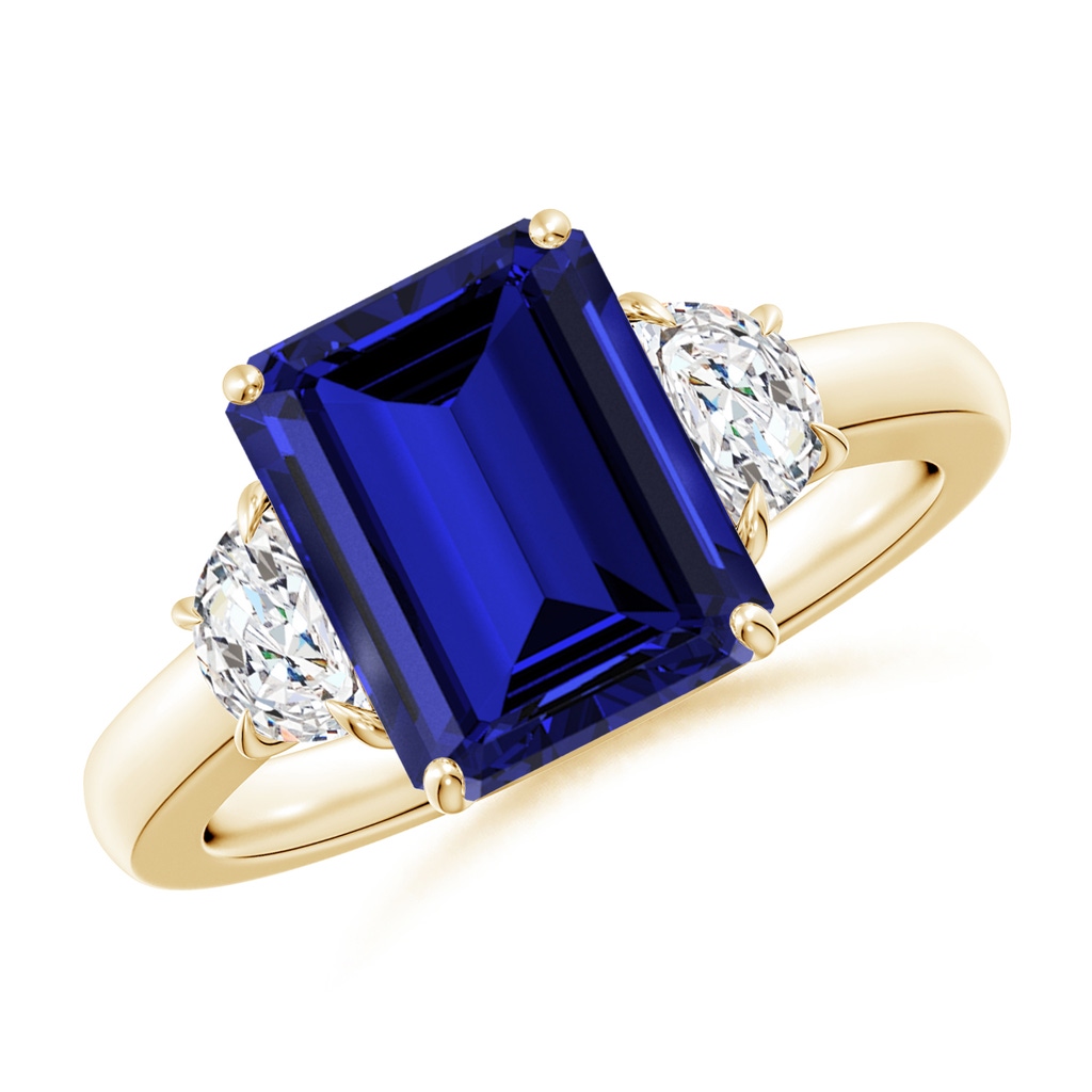 10x8mm Labgrown Lab-Grown Emerald-Cut Blue Sapphire and Half Moon Lab Diamond Three Stone Ring in Yellow Gold
