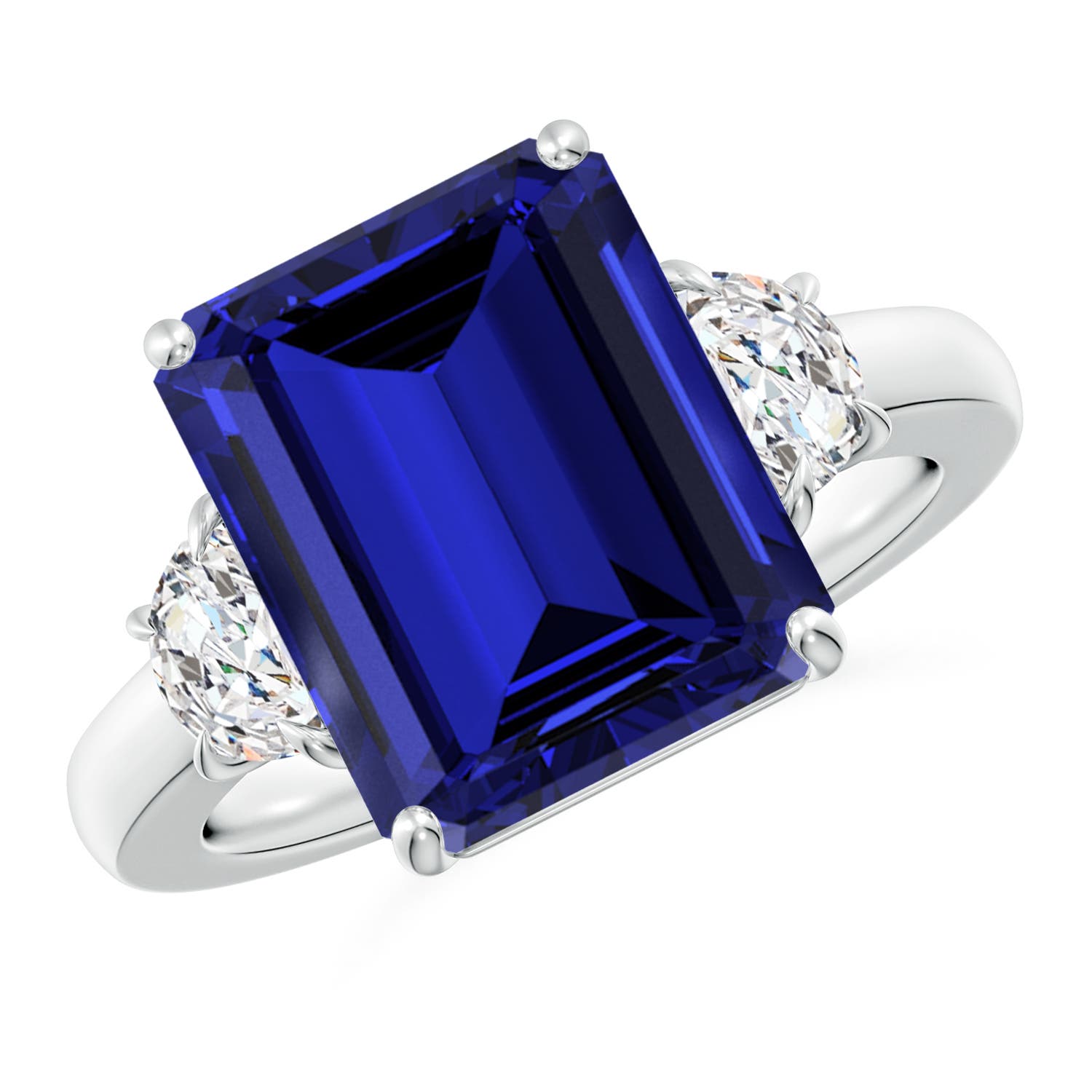 Lab-Grown Emerald-Cut Blue Sapphire and Half Moon Lab Diamond Three Stone Ring