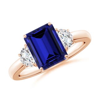 9x7mm Labgrown Lab-Grown Emerald-Cut Blue Sapphire and Half Moon Lab Diamond Three Stone Ring in 10K Rose Gold