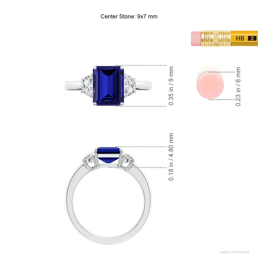 9x7mm Labgrown Lab-Grown Emerald-Cut Blue Sapphire and Half Moon Lab Diamond Three Stone Ring in White Gold ruler